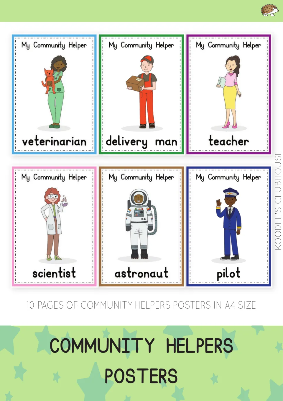 Cover of 10 community helper posters showing six samples: veterinarian, delivery man, teacher, scientist, astronaut, pilot