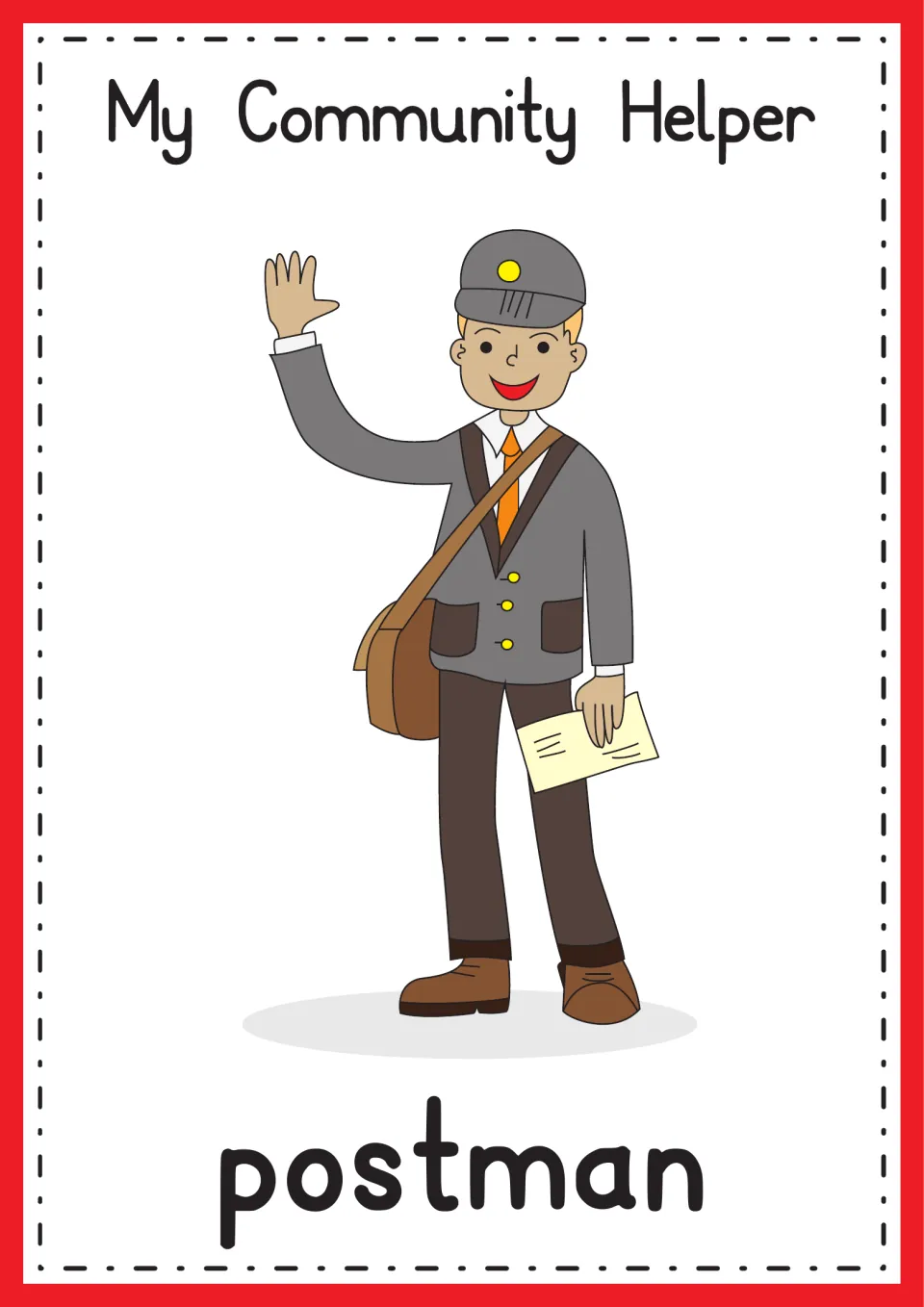 Postman poster: a smiling mail carrier in a gray cap and jacket waves, holding a letter, with a mail bag on his shoulder