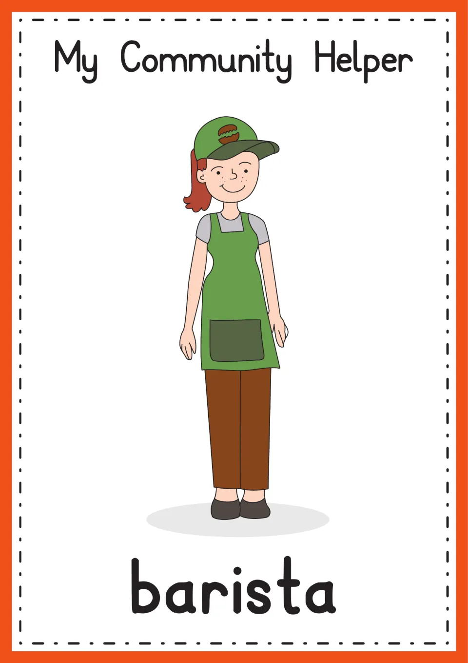 Barista poster: a smiling worker in a green cap and green apron over a gray shirt, with the word barista in large print