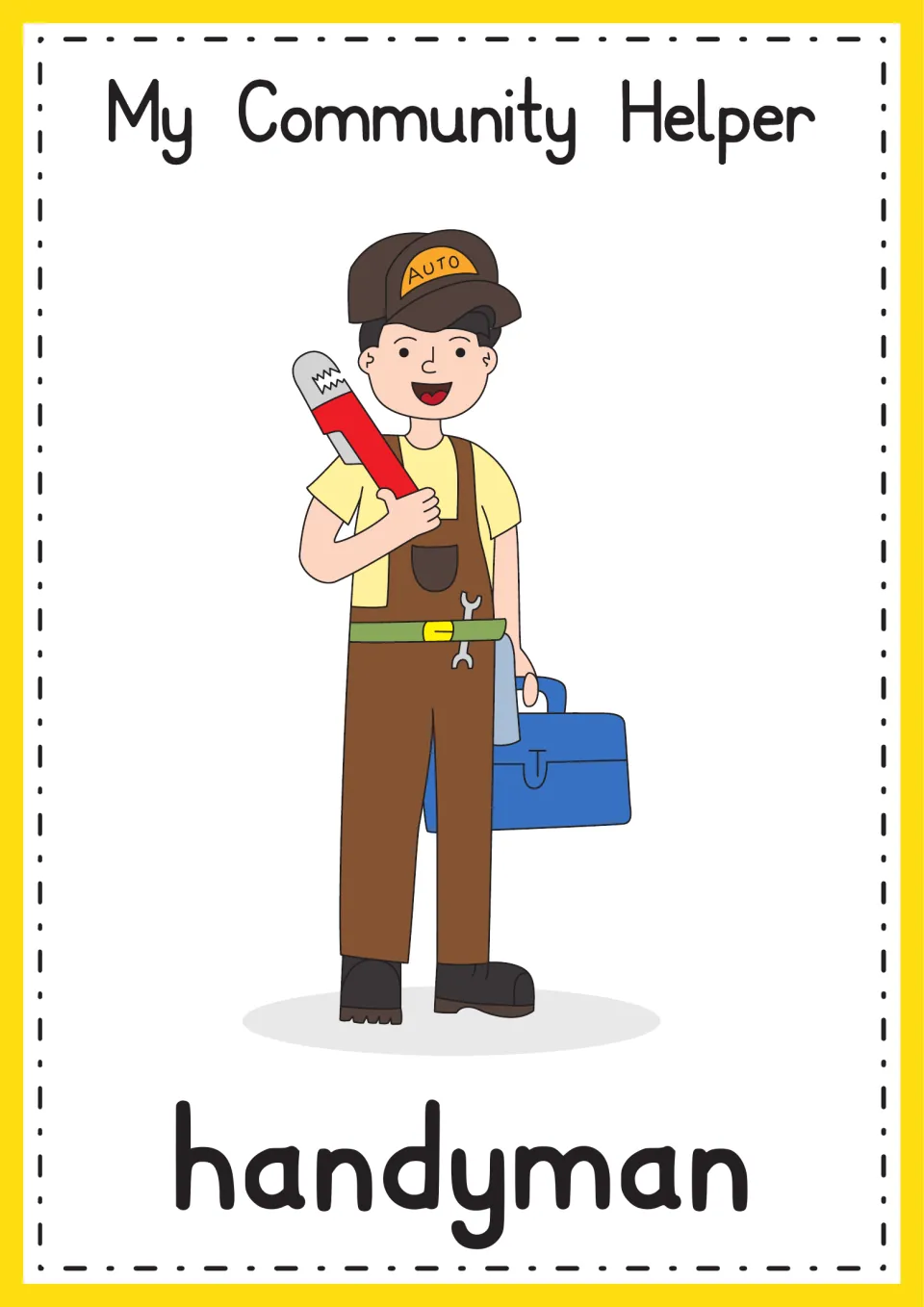 Handyman poster: a worker in brown overalls and an AUTO cap holds a red pipe wrench and a blue toolbox, word handyman below