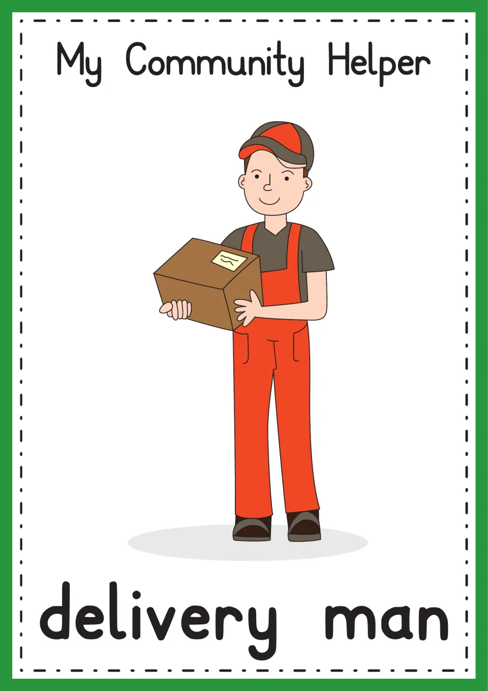 Delivery man poster: a smiling worker in a red cap and red overalls carries a cardboard parcel, with the job name below