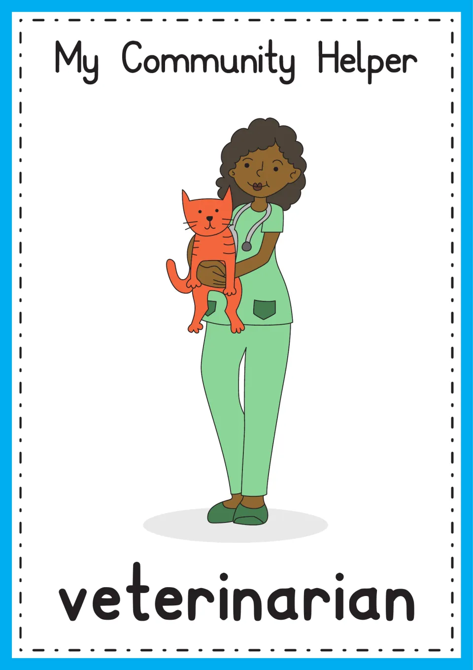 Veterinarian poster: an animal doctor in green scrubs with a stethoscope holds an orange cat, with the word veterinarian