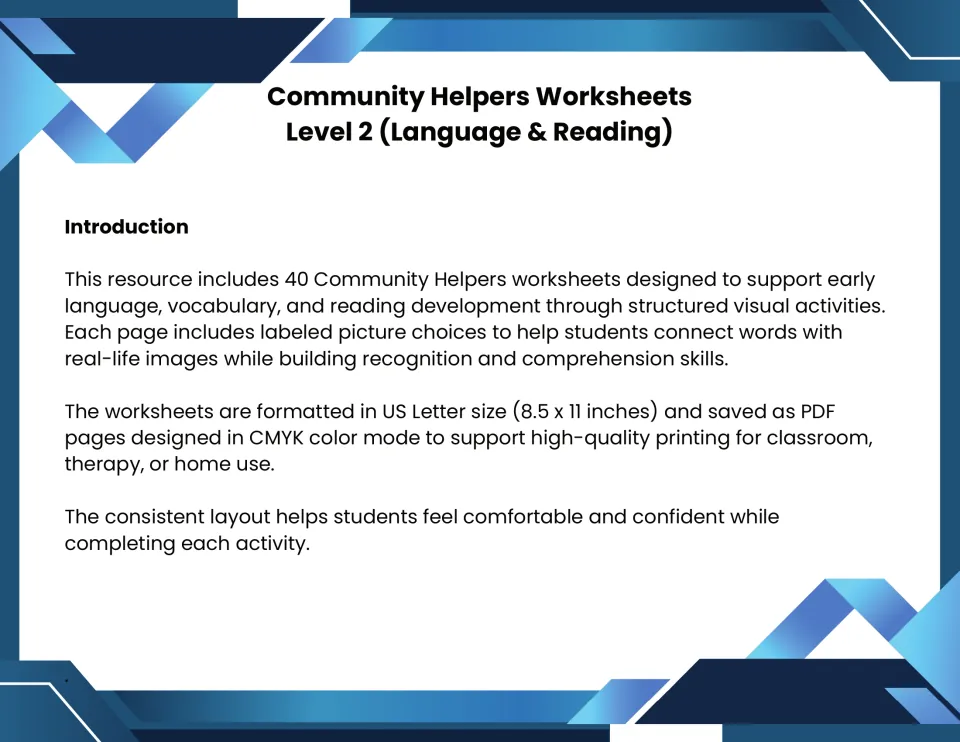 Community Helpers Worksheets Level 2 introduction: 40 pages of labeled picture choices for language and reading