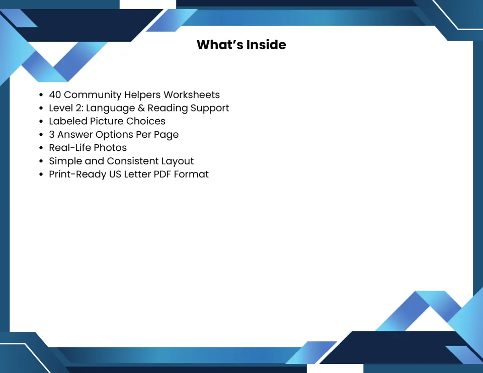 What's Inside list: 40 helper pages, labeled picture choices, 3 answer options per page, real-life photos, US Letter PDF