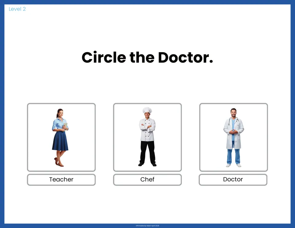 Circle the Doctor: students match the word doctor to the right photo, choosing among a teacher, a chef and a doctor