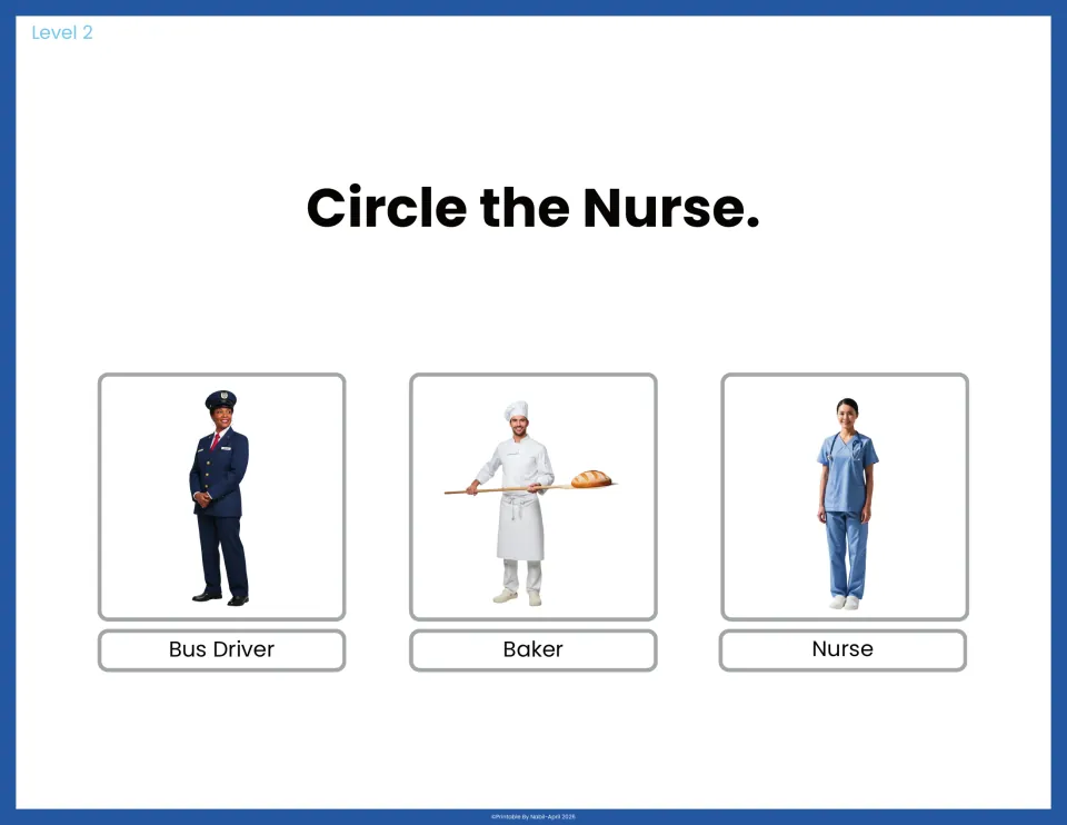Circle the Nurse: students identify the nurse in blue scrubs from labeled photos of a bus driver, a baker and a nurse