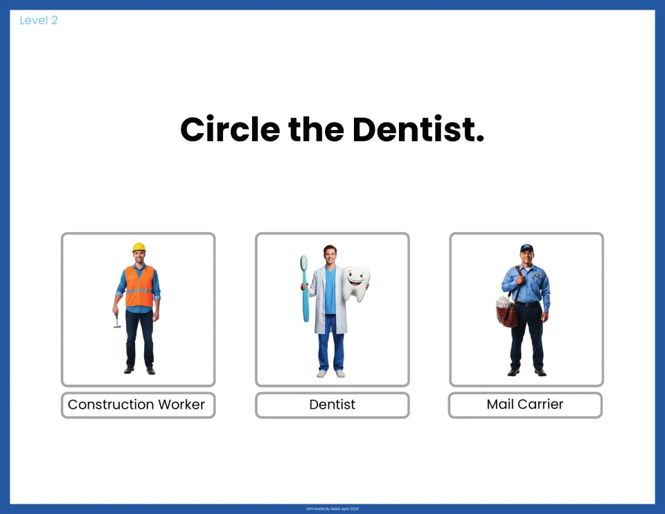Circle the Dentist: students find the dentist holding a big toothbrush, next to a construction worker and a mail carrier