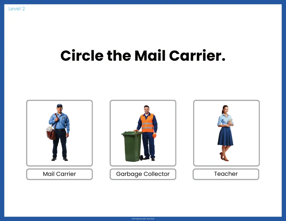 Circle the Mail Carrier: students circle the helper with a mail bag, choosing from mail carrier, garbage collector, teacher