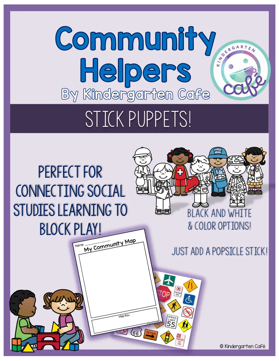 Community Helpers stick puppet cover showing color and black-and-white characters, signs, and a map template