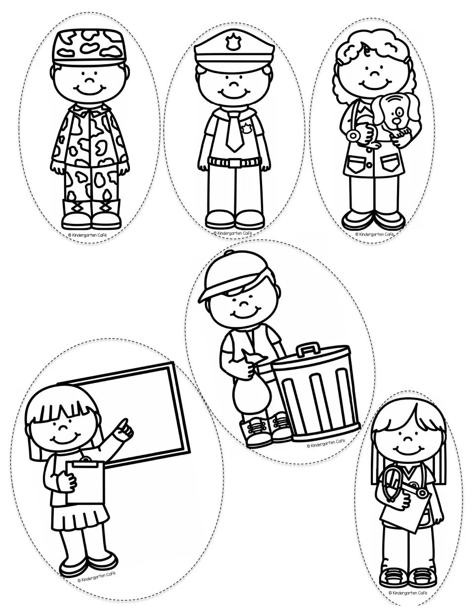 Black-and-white puppets: soldier, police officer, veterinarian, teacher, sanitation worker, and nurse