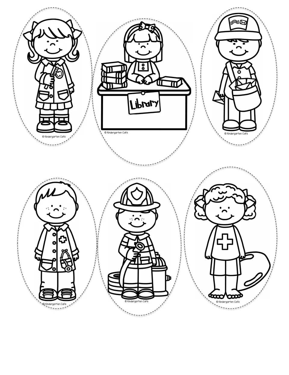 Black-and-white stick puppets: dentist, librarian, mail carrier, doctor, firefighter, and lifeguard