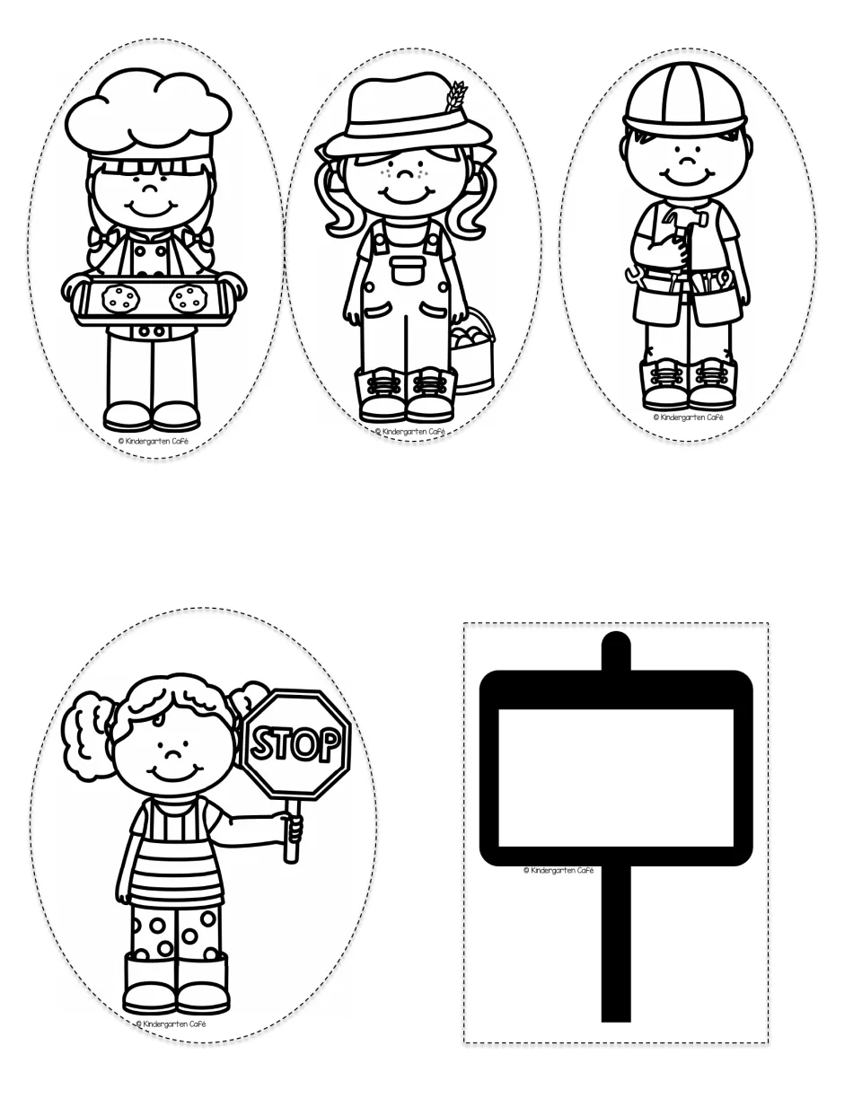 Black-and-white stick puppets: baker, farmer, construction worker, and crossing guard, plus a blank sign