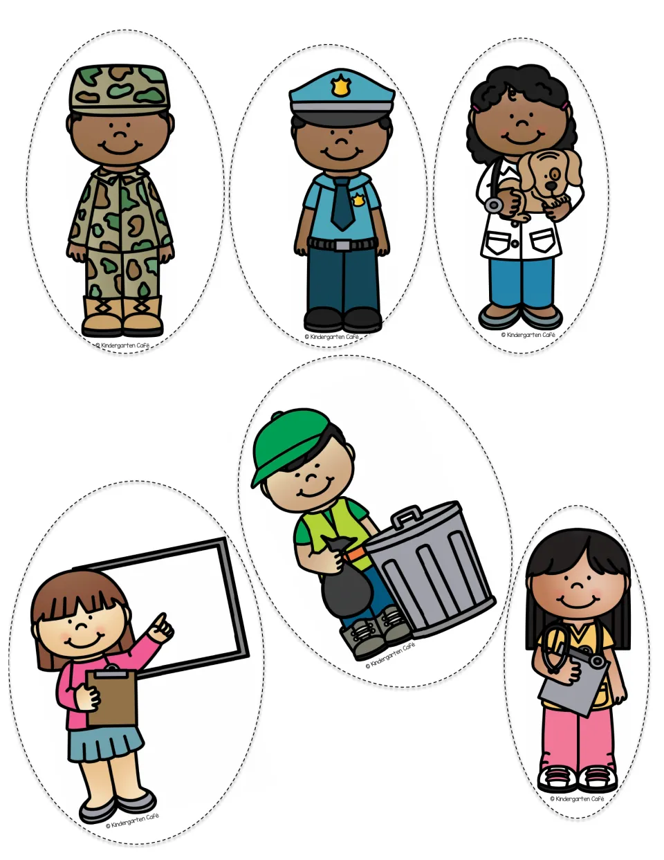 Color stick puppets: soldier, police officer, veterinarian, teacher, sanitation worker, and nurse