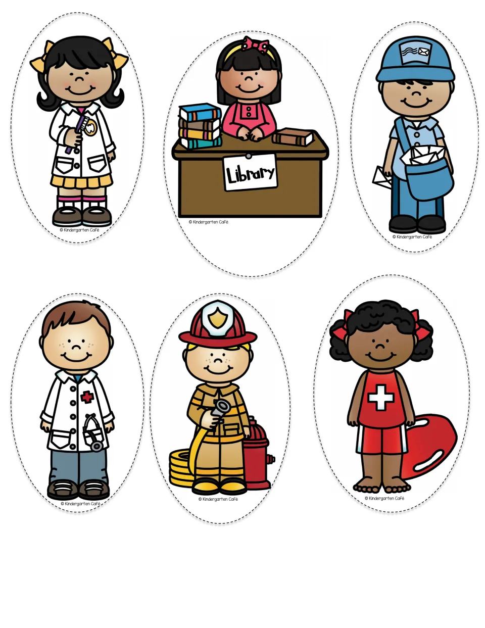 Color community helper puppets: dentist, librarian, mail carrier, doctor, firefighter, and lifeguard