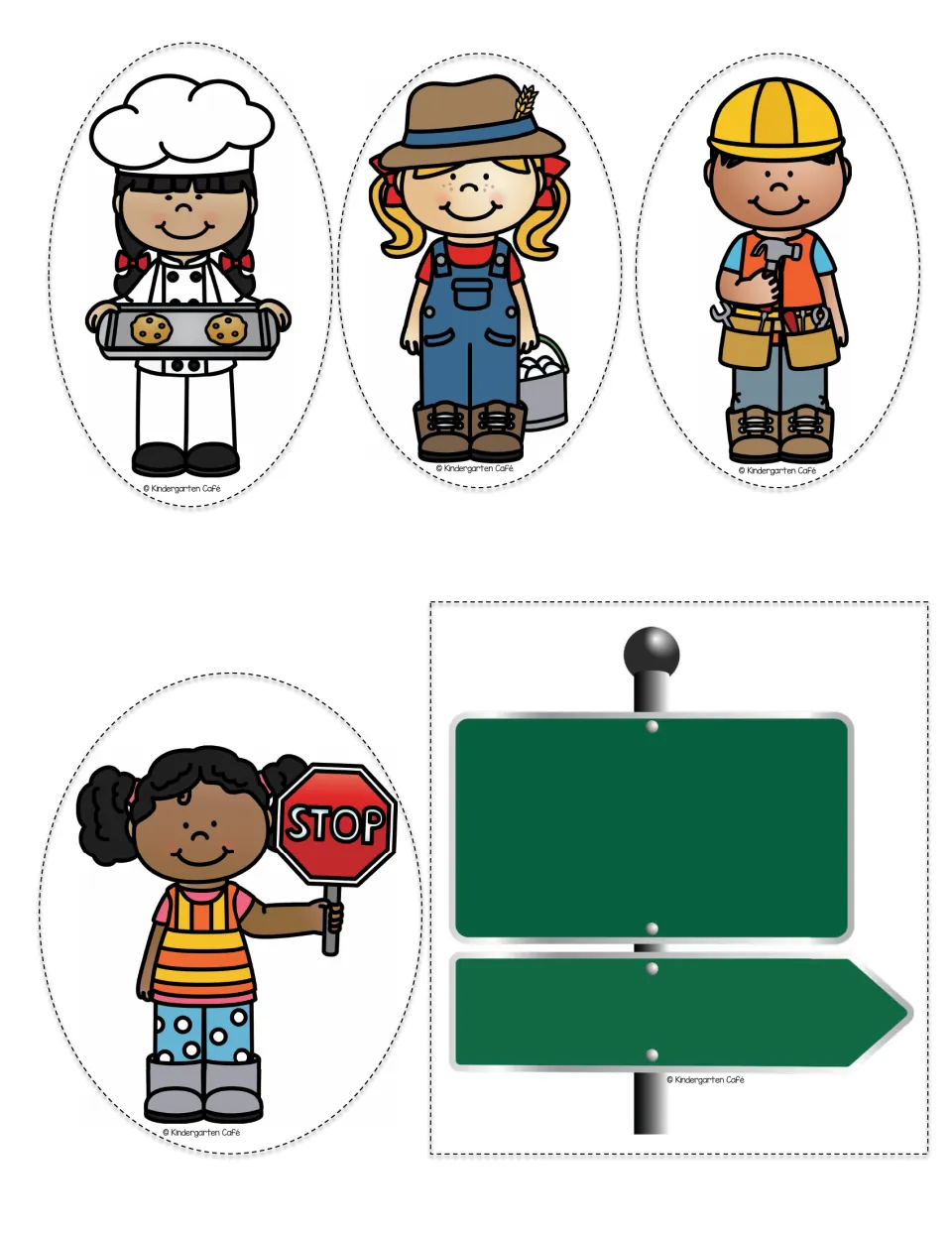 Color stick puppets: baker, farmer, construction worker, and crossing guard, plus a blank directional sign