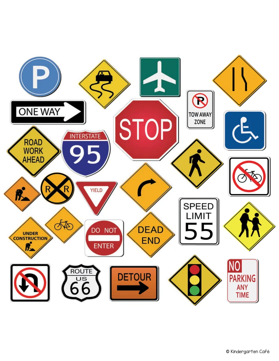 Road signs for the puppet set include STOP, ONE WAY, YIELD, SPEED LIMIT 55, DETOUR, and pedestrian crossing