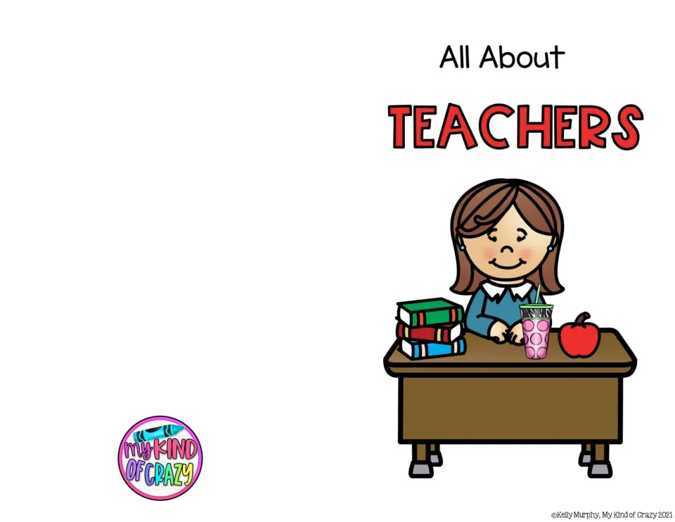 Color cover for the All About Teachers adapted book, showing a teacher at a desk with books and an apple