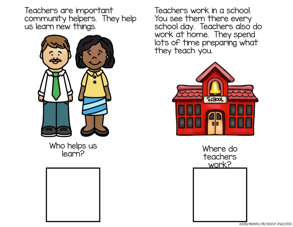 Adapted book reading pages 1–2 introduce teachers as community helpers and ask who helps us learn and where they work