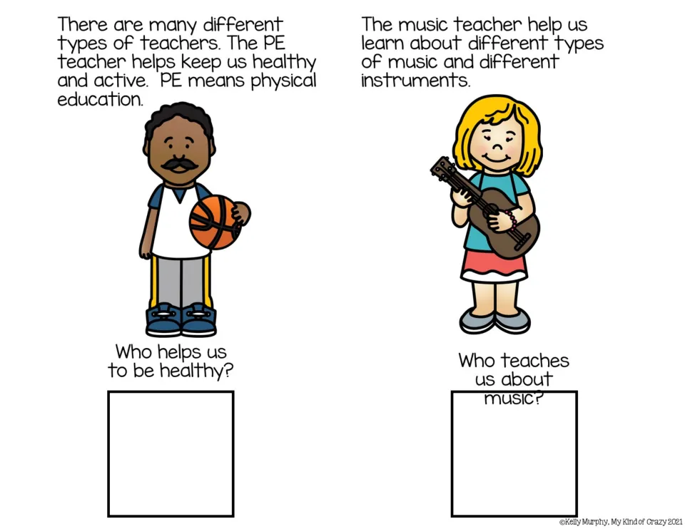 Adapted book reading pages 3–4 explain PE and music teachers and ask who helps us stay healthy and learn about music