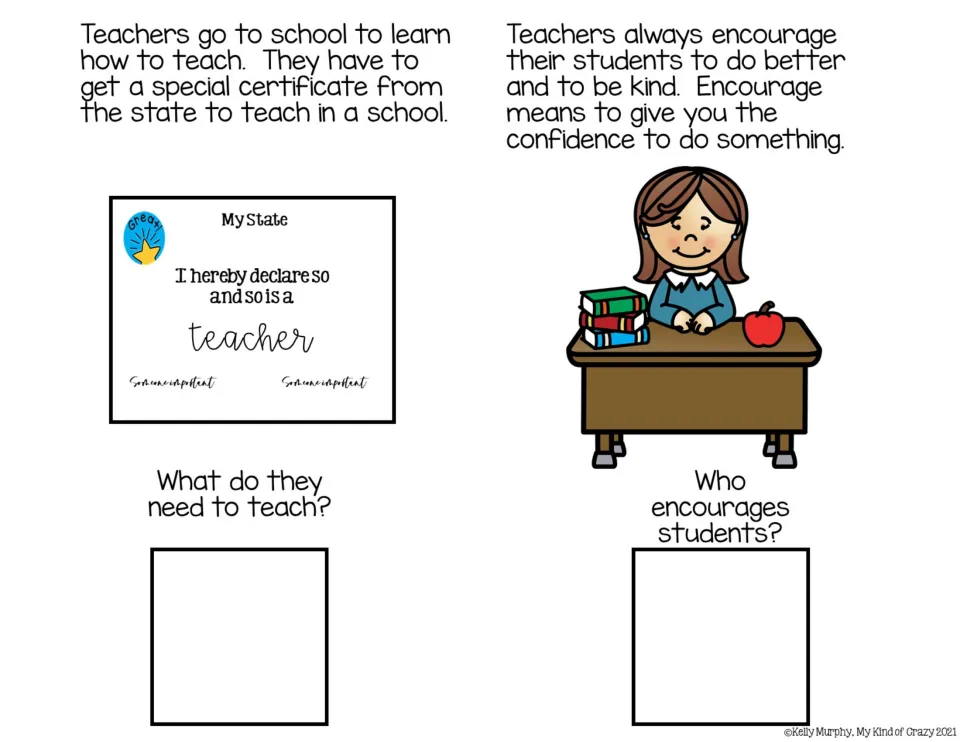 Adapted book reading pages 7–8 describe teacher certification and encouragement, with a question for each topic