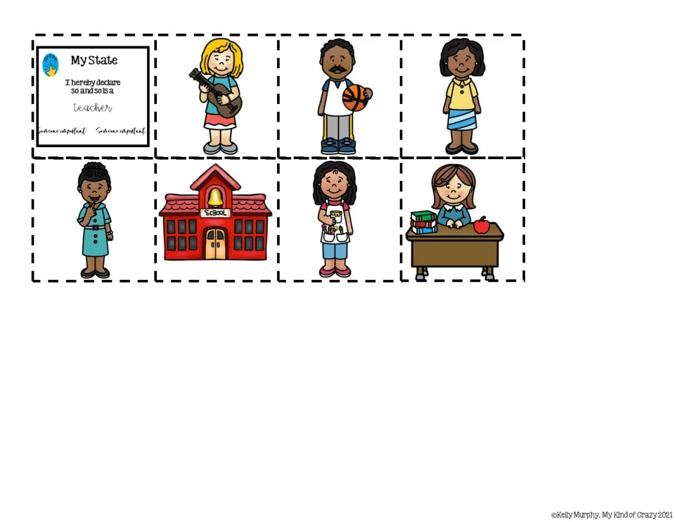 Eight cut-and-paste answer pictures for the adapted book: a certificate, a school, and six teacher illustrations