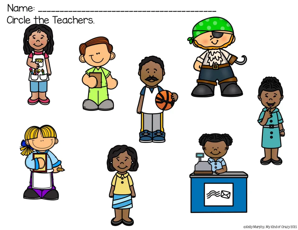Teacher identification worksheet asks students to circle the teachers among eight illustrated people