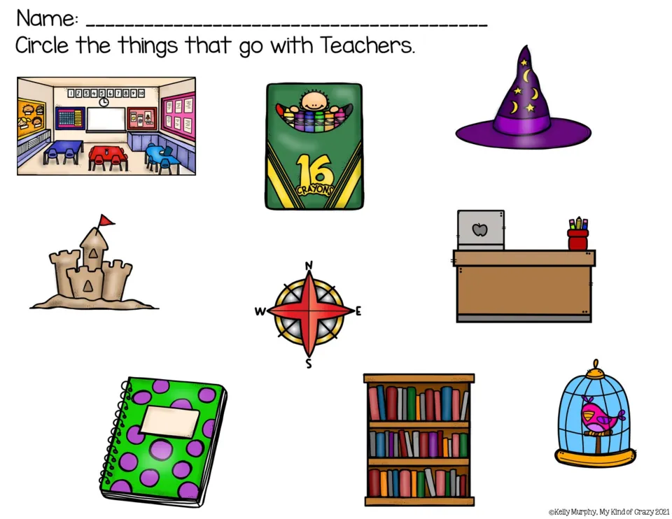 Teacher association worksheet asks students to circle related items among nine pictures, including crayons and books