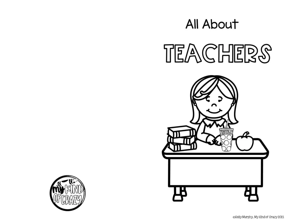 Black-and-white cover for the teacher adapted book, showing a teacher at a desk with books and an apple