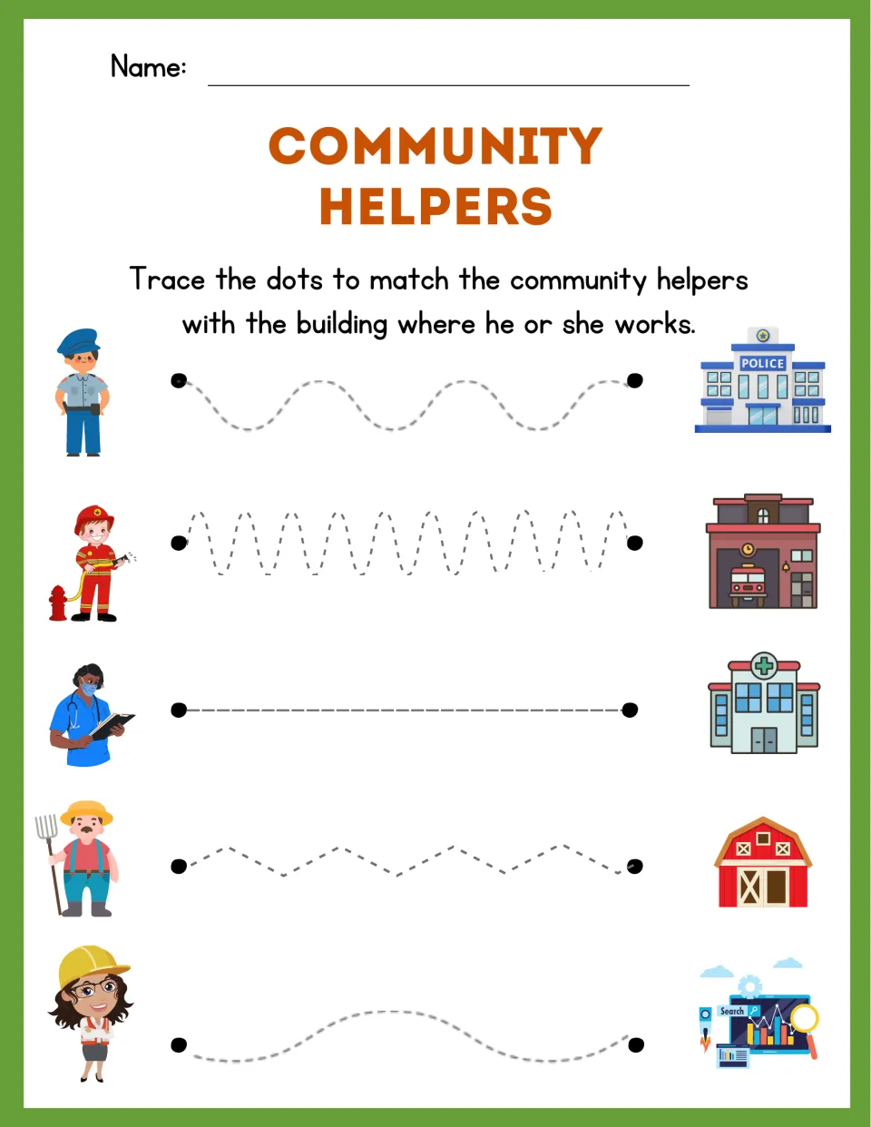 Community helpers tracing: students follow dotted paths from police, firefighter, doctor and farmer to their buildings