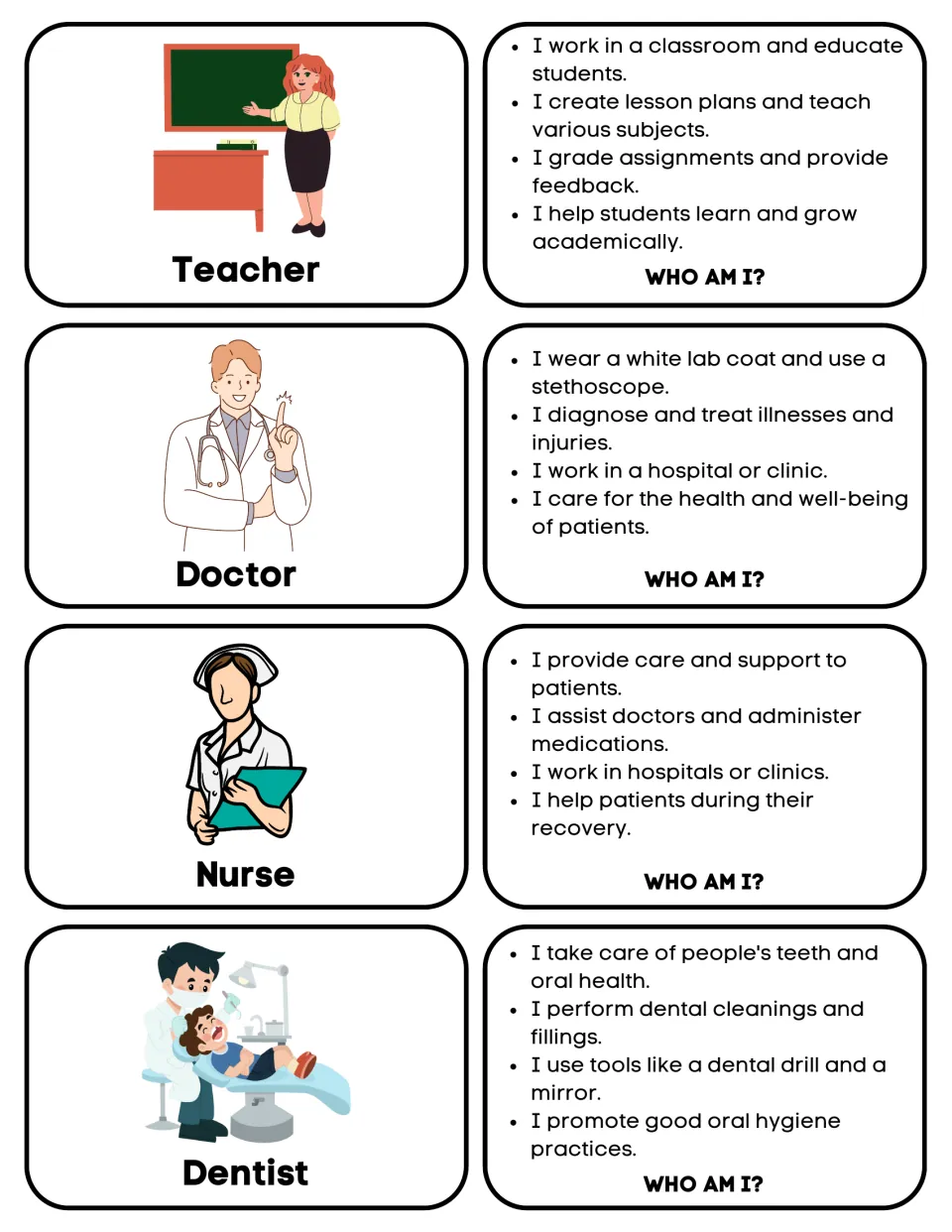 Community helper matching cards: teacher, doctor, nurse and dentist, with pictures and “Who am I?” clues.