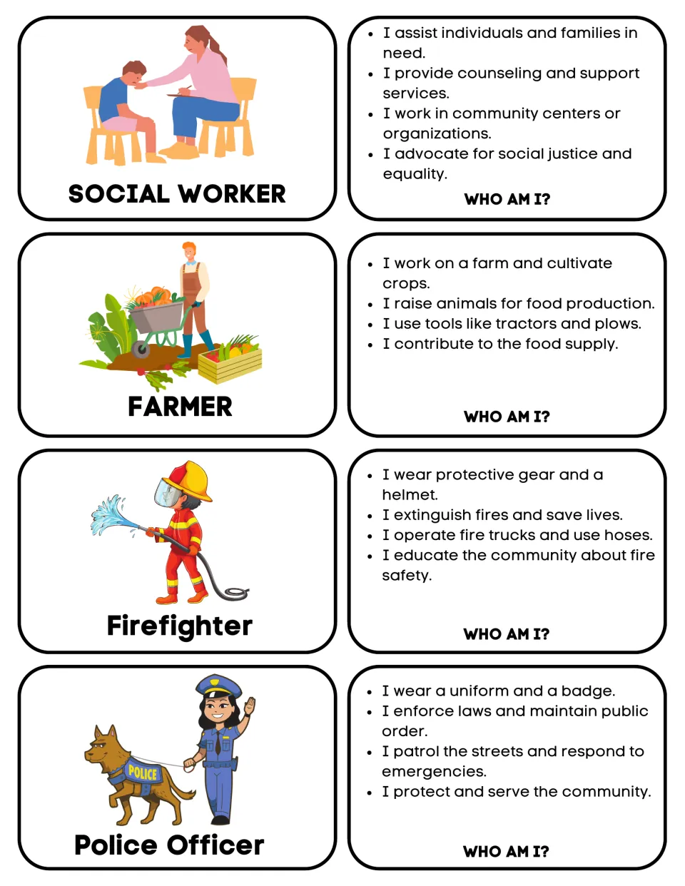 Matching cards: social worker, farmer, firefighter and police officer, with pictures and “Who am I?” clues.