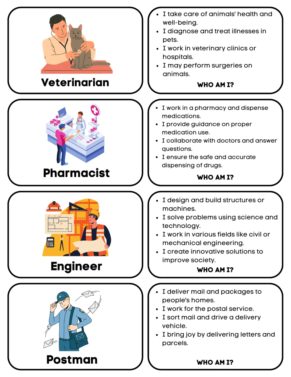 Matching cards: veterinarian, pharmacist, engineer and postman, with pictures and “Who am I?” clues.