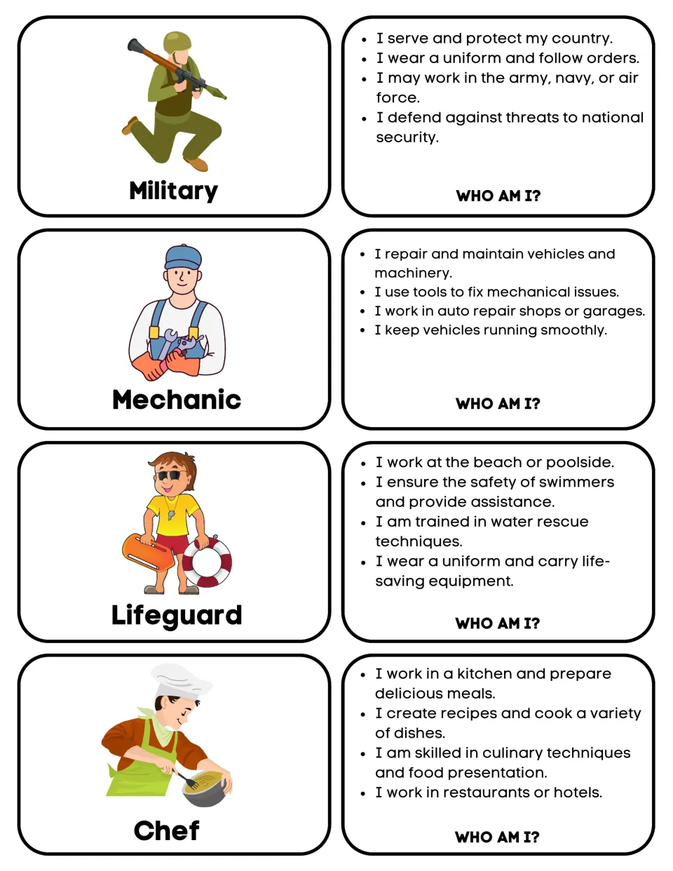 Matching cards: military, mechanic, lifeguard and chef, with occupation pictures and “Who am I?” clues.