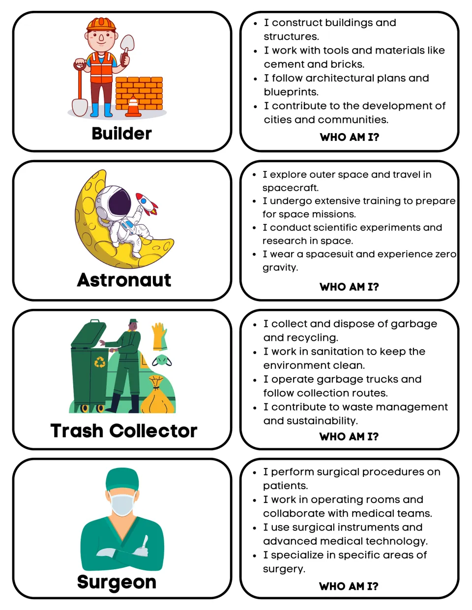 Matching cards: builder, astronaut, trash collector and surgeon, with pictures and “Who am I?” clues.
