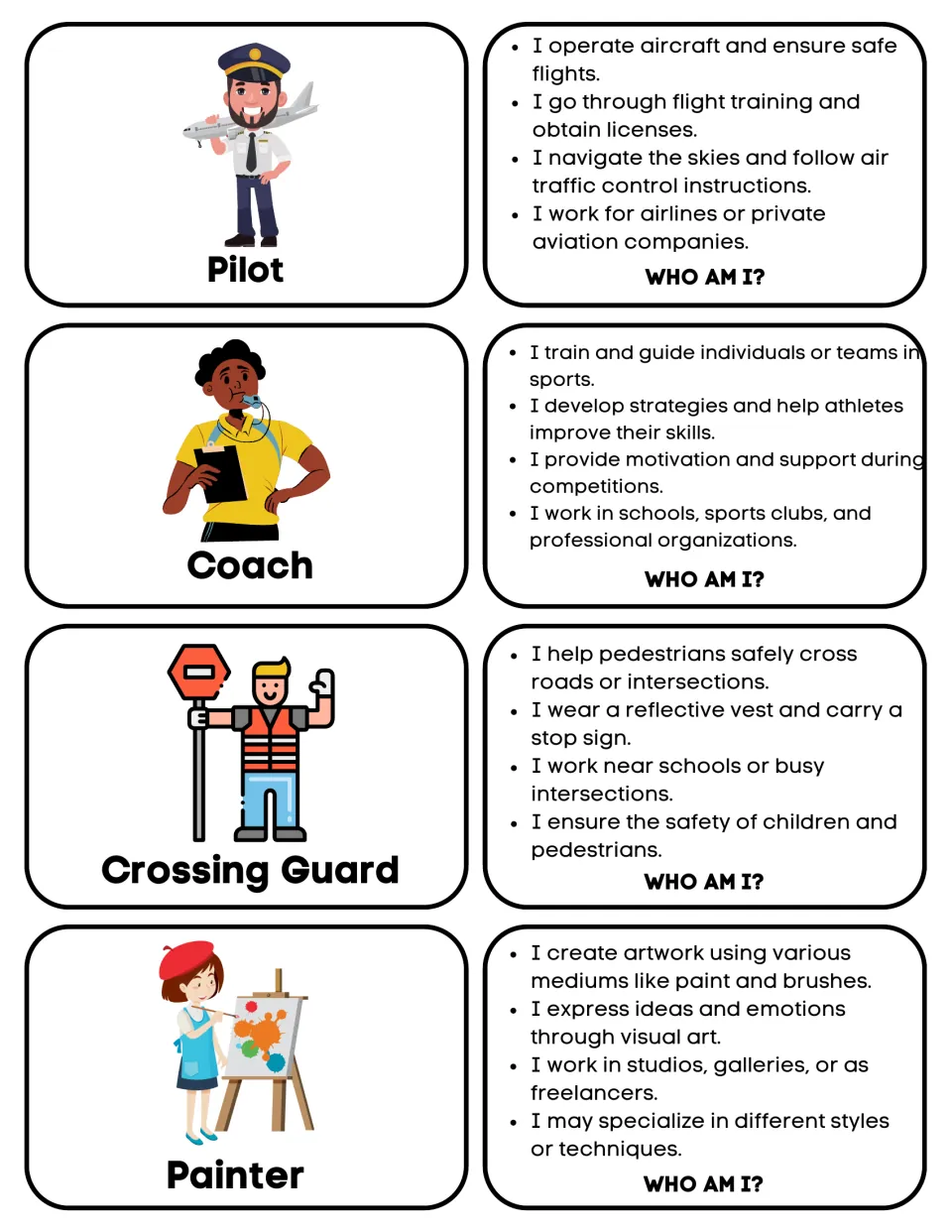 Matching cards: pilot, coach, crossing guard and painter, with occupation pictures and “Who am I?” clues.