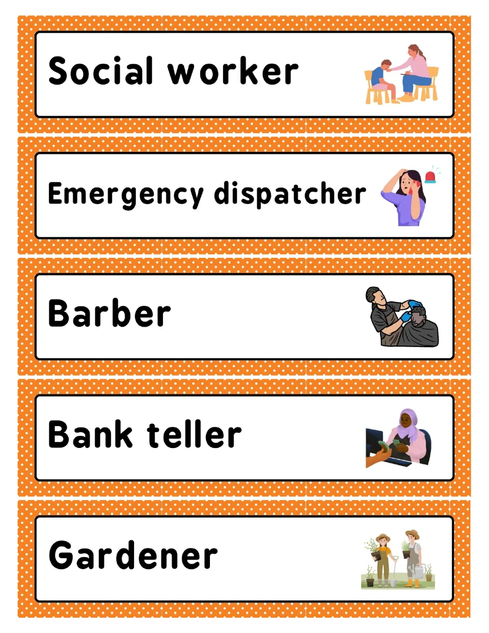 Community helper word cards: social worker, emergency dispatcher, barber, bank teller and gardener, each with a picture