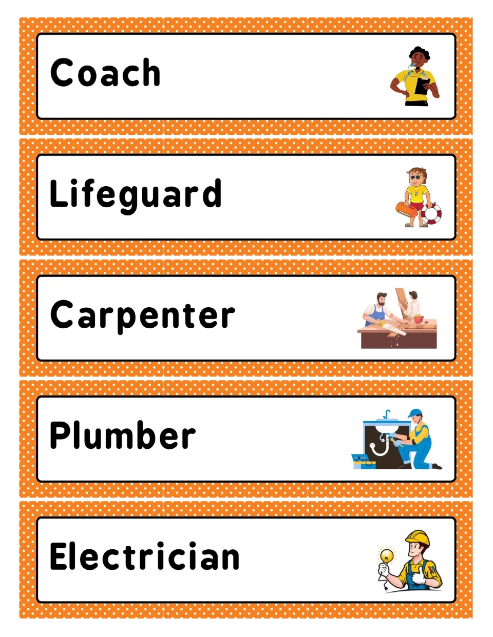 Job vocabulary cards for coach, lifeguard, carpenter, plumber and electrician, each word shown beside a matching picture