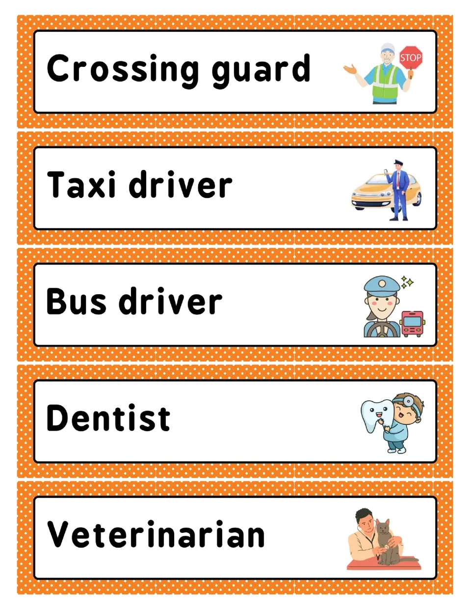 Word cards naming crossing guard, taxi driver, bus driver, dentist and veterinarian, with a picture of each helper at work