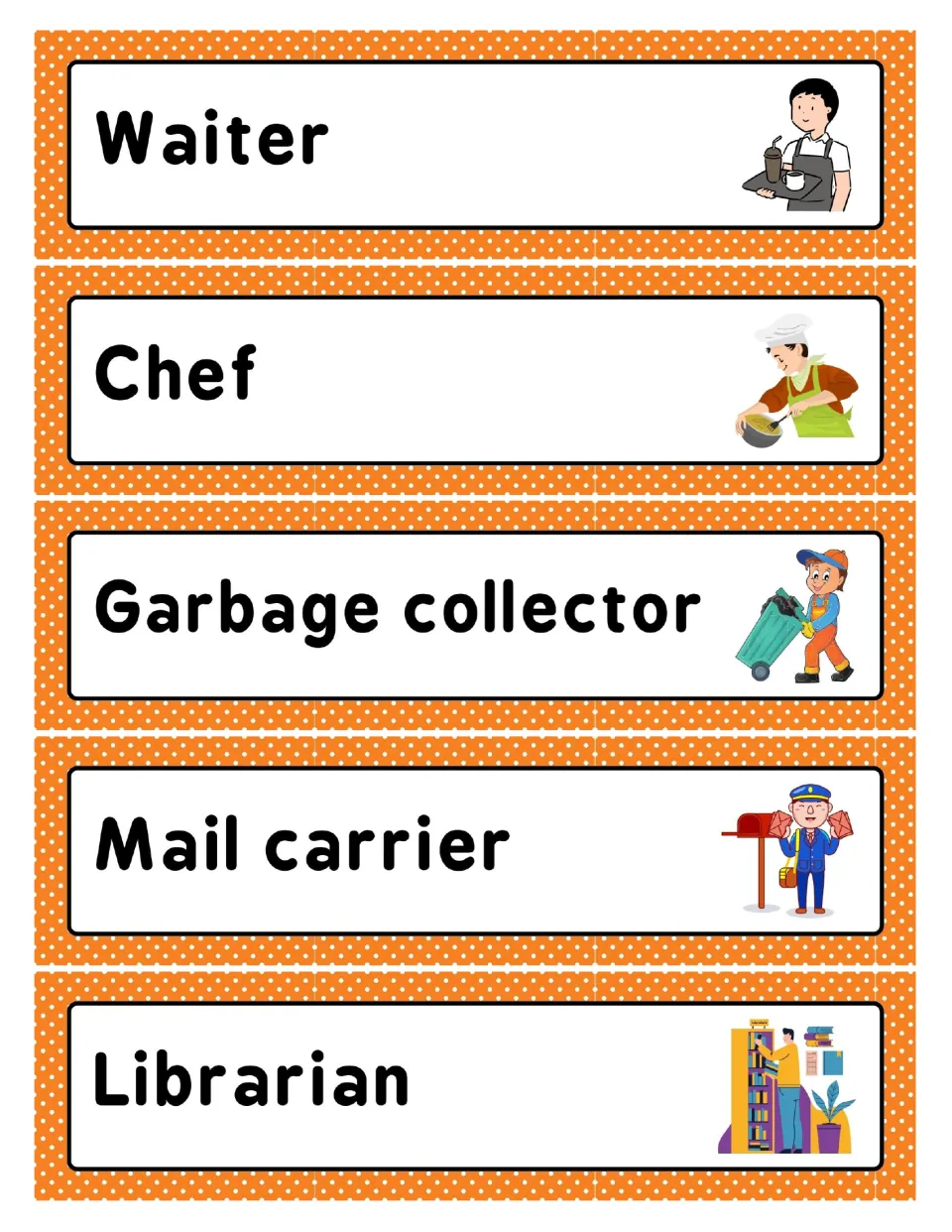 Helper word cards for waiter, chef, garbage collector, mail carrier and librarian, each paired with a picture of the job