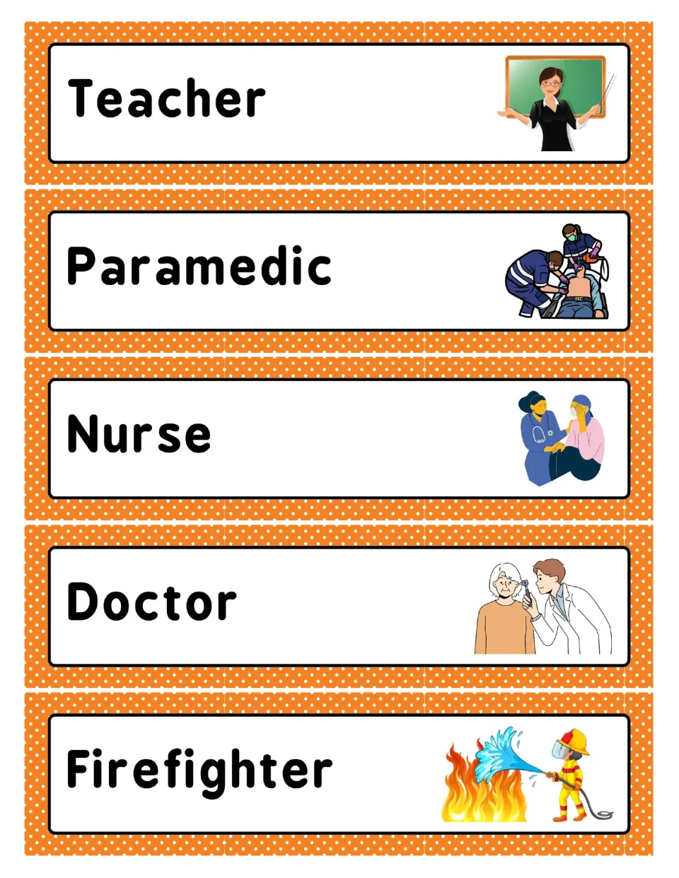 Community helper cards for teacher, paramedic, nurse, doctor and firefighter, each word with a picture of the helper