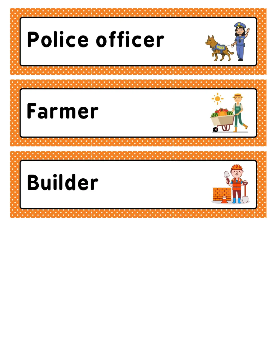 Final job word cards for police officer, farmer and builder, each with a picture of the helper and their tools