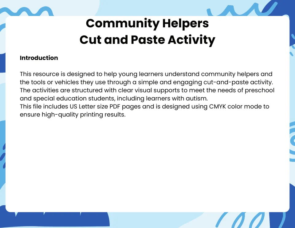 Community helpers cut and paste introduction: explains matching each helper to the tools or vehicles they use