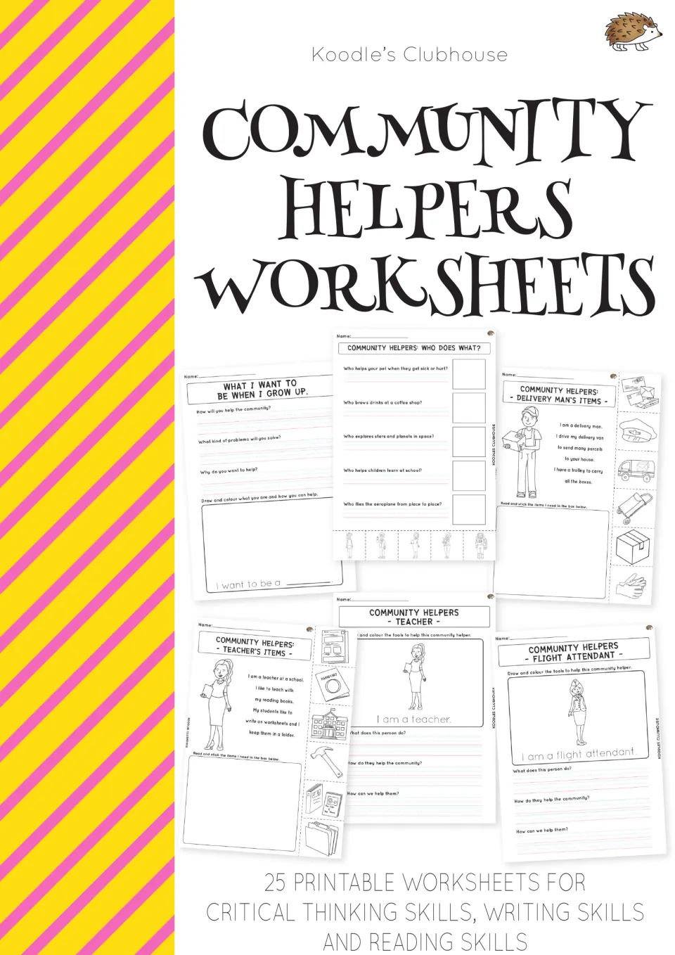 Community Helpers Worksheets cover by Koodle's Clubhouse with sample sheets; 25 printables for thinking, writing, reading