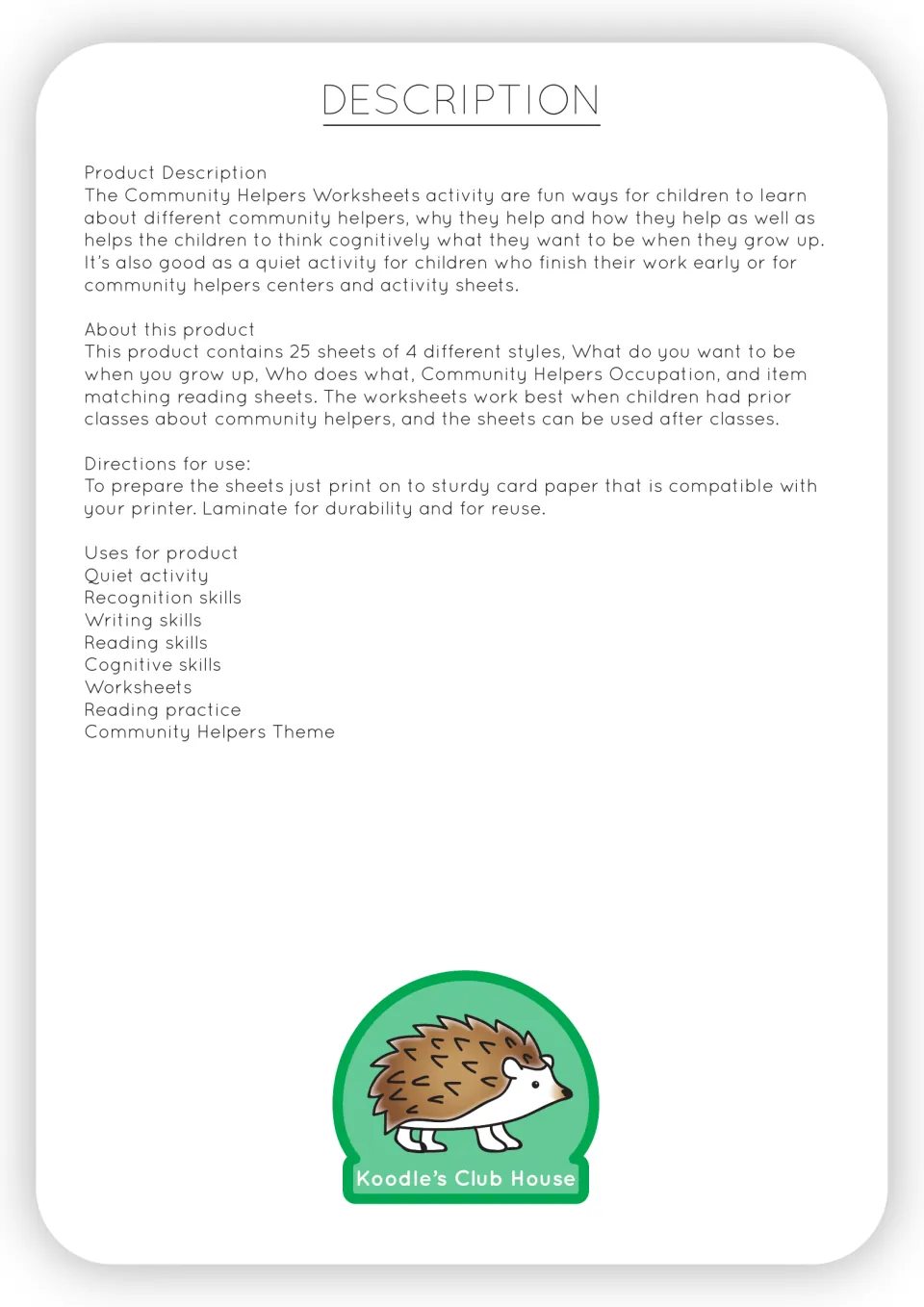 Product description listing 25 sheets in 4 styles, print-and-laminate directions, and listed uses like quiet activity