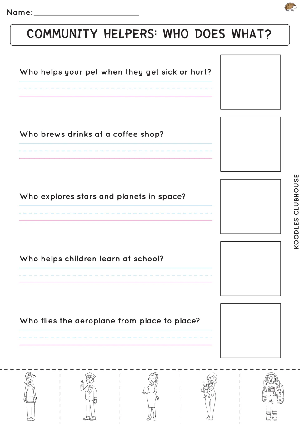 Who does what? Students read five clues (pet doctor, coffee, space, school, aeroplane), write the job and glue a picture