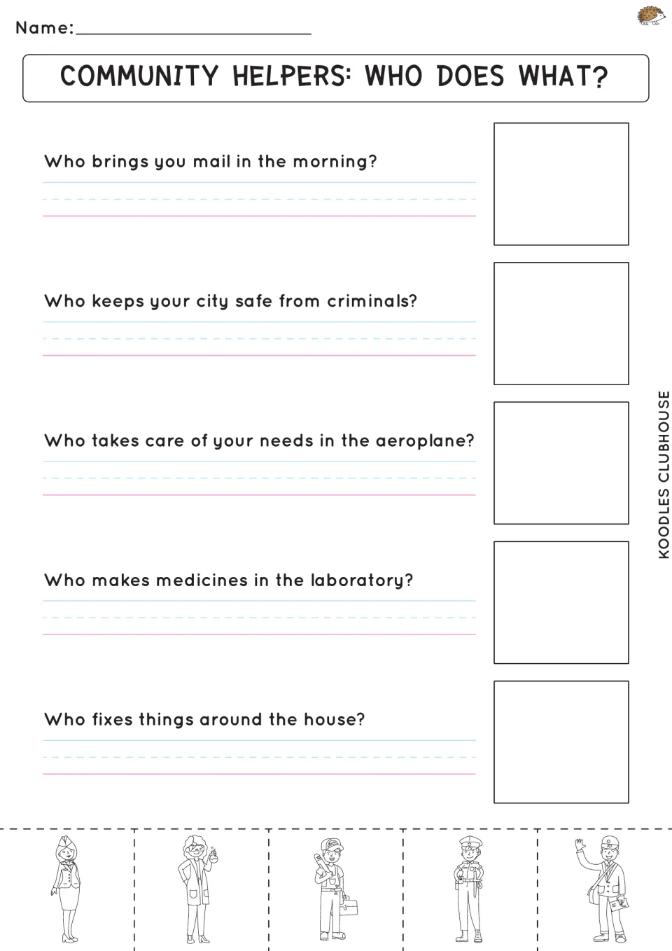 Who does what? set 2: students match clues on mail, city safety, aeroplane care, medicines and home repairs to pictures