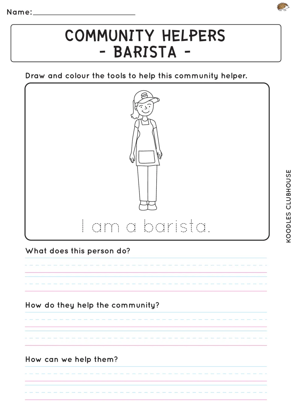 Barista: students draw tools for the aproned worker, trace 'I am a barista' and write about the role