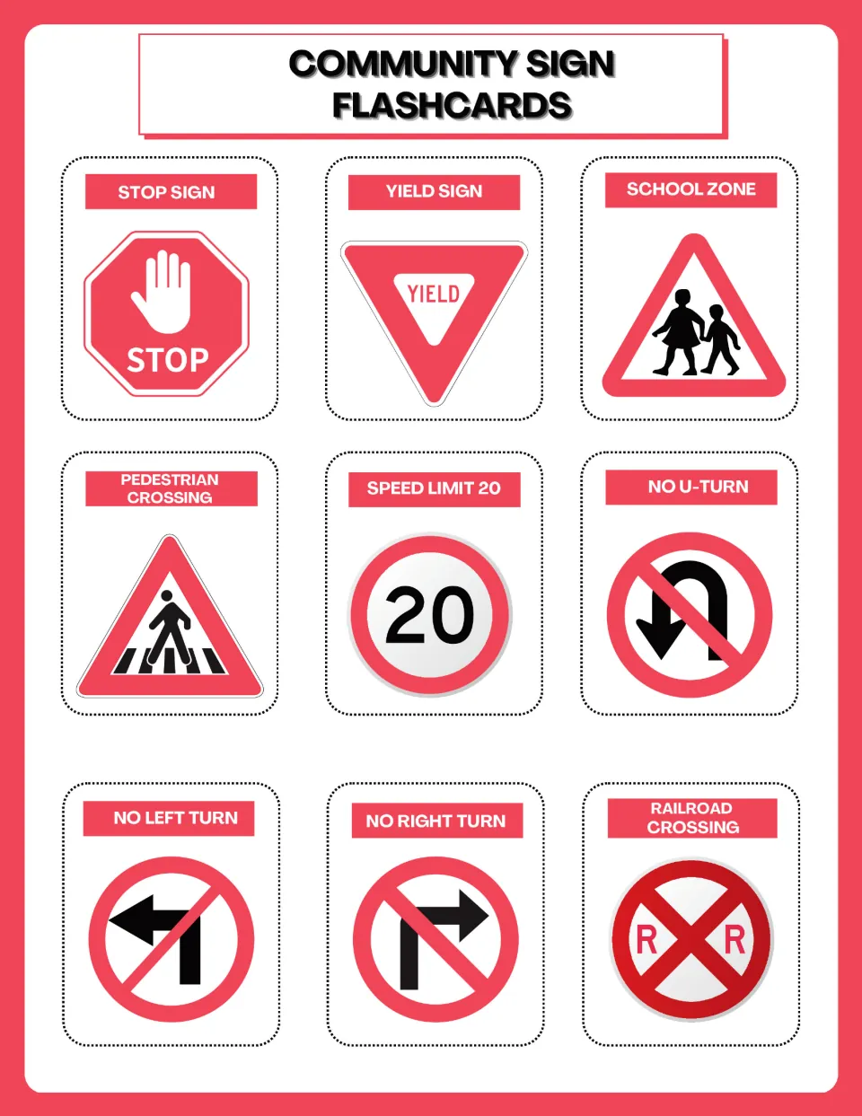 Traffic sign flashcards: stop, yield, school zone, pedestrian crossing, speed limit 20, no U-turn and railroad crossing
