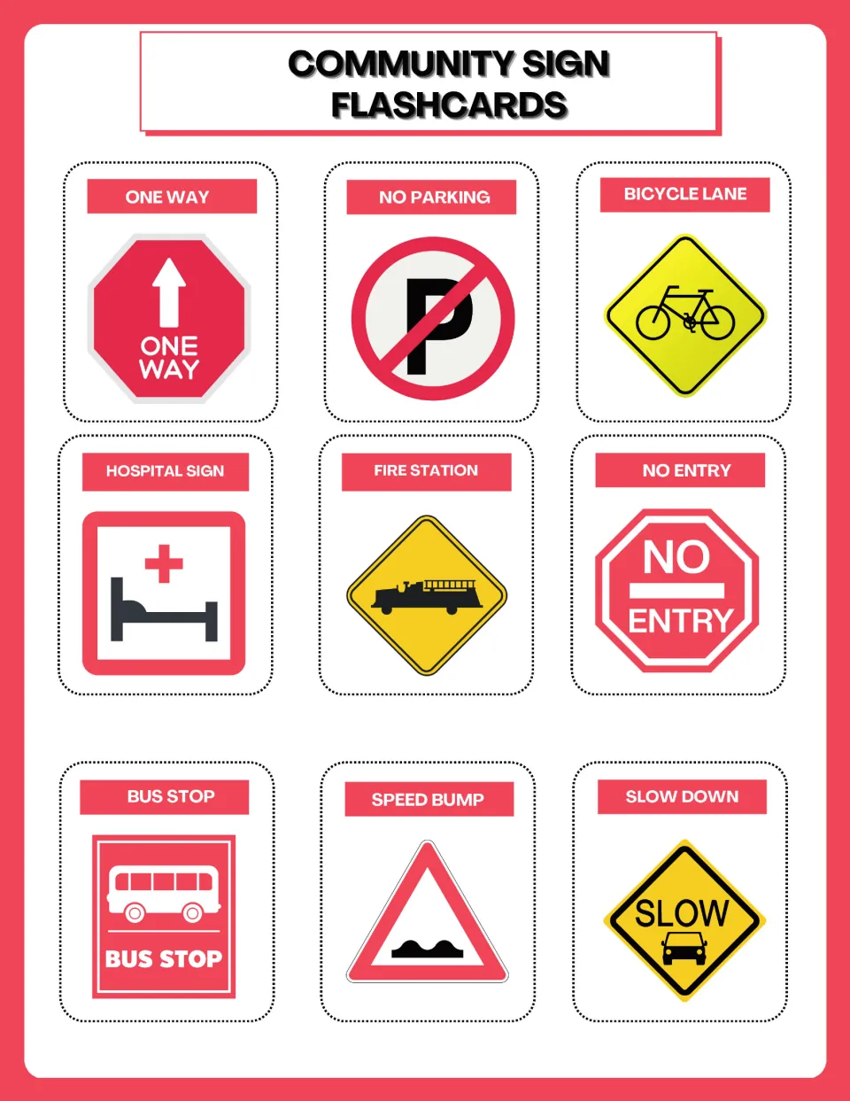 Street sign flashcards: one way, no parking, bicycle lane, hospital, fire station, no entry, bus stop and speed bump