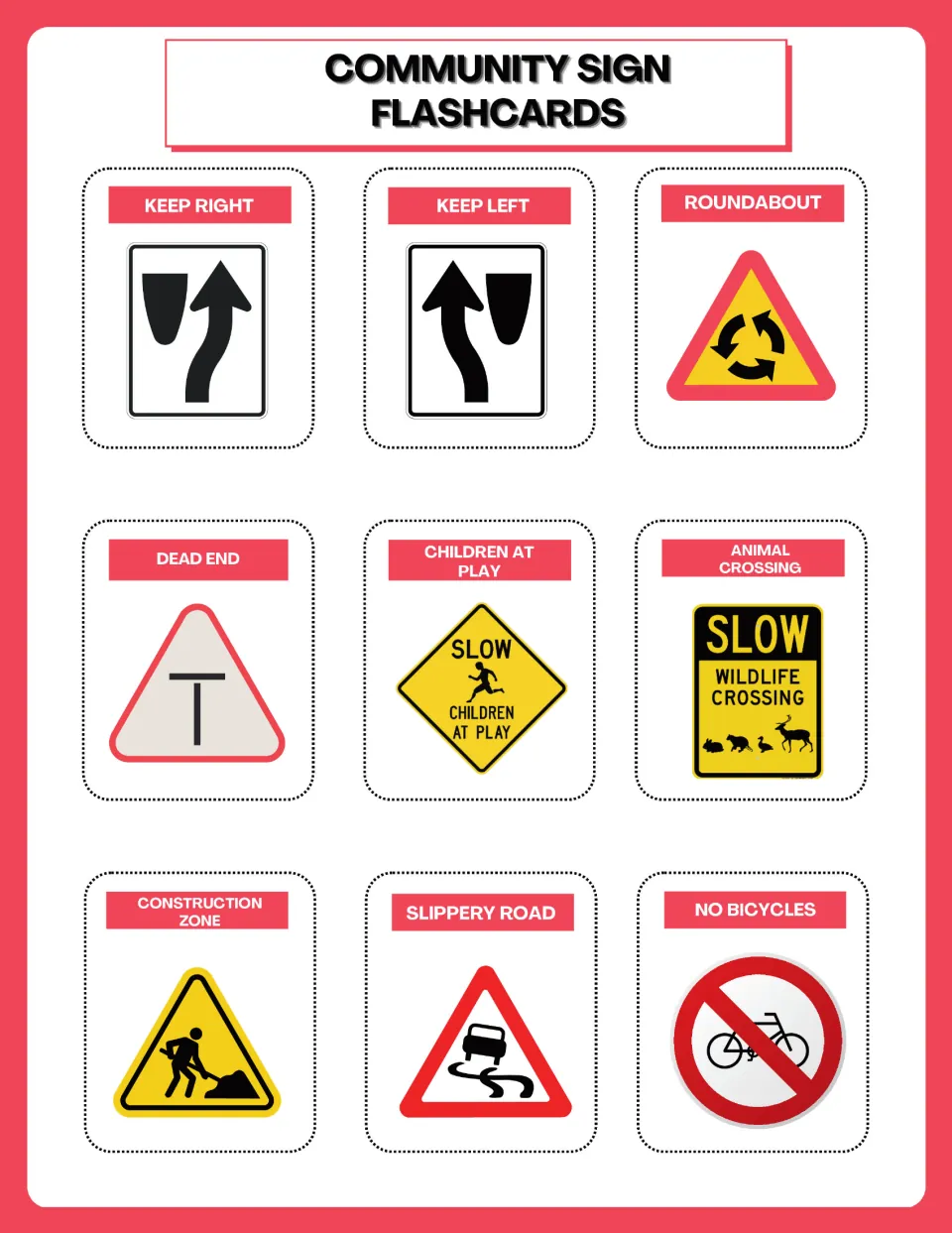 Road warning flashcards: keep right, keep left, roundabout, dead end, children at play, animal crossing and slippery road
